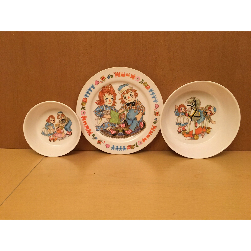 Vintage 1969 Oneida Deluxe Raggedy Ann And Andy Melamine Childs Dish Set